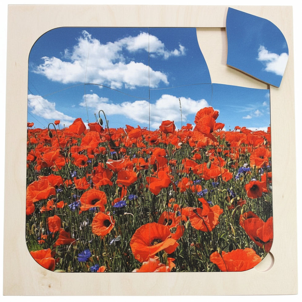 Puzzel Klaproos – Houten 16-delige puzzel met klaproosmotief, ideaal voor geheugenstimulatie bij senioren.